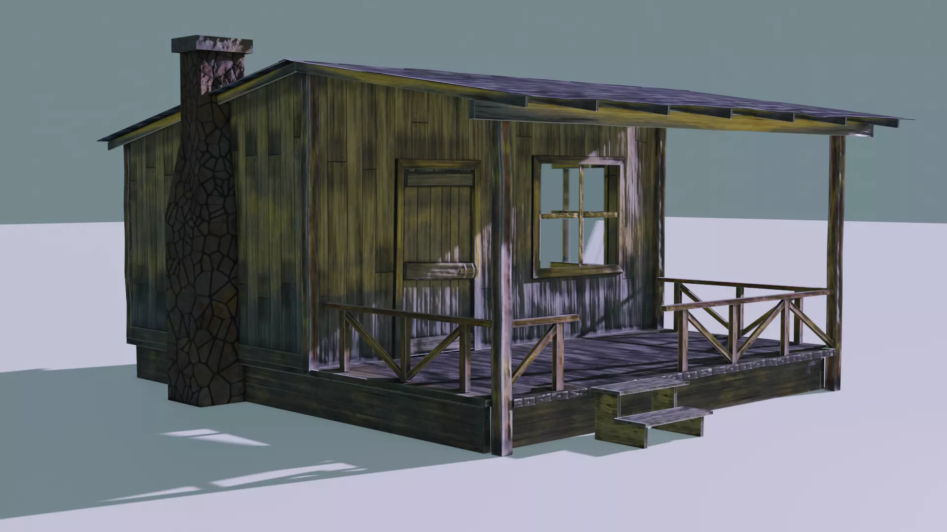 Wooden Cabin with Chimney Stack Low-poly 3D model_0