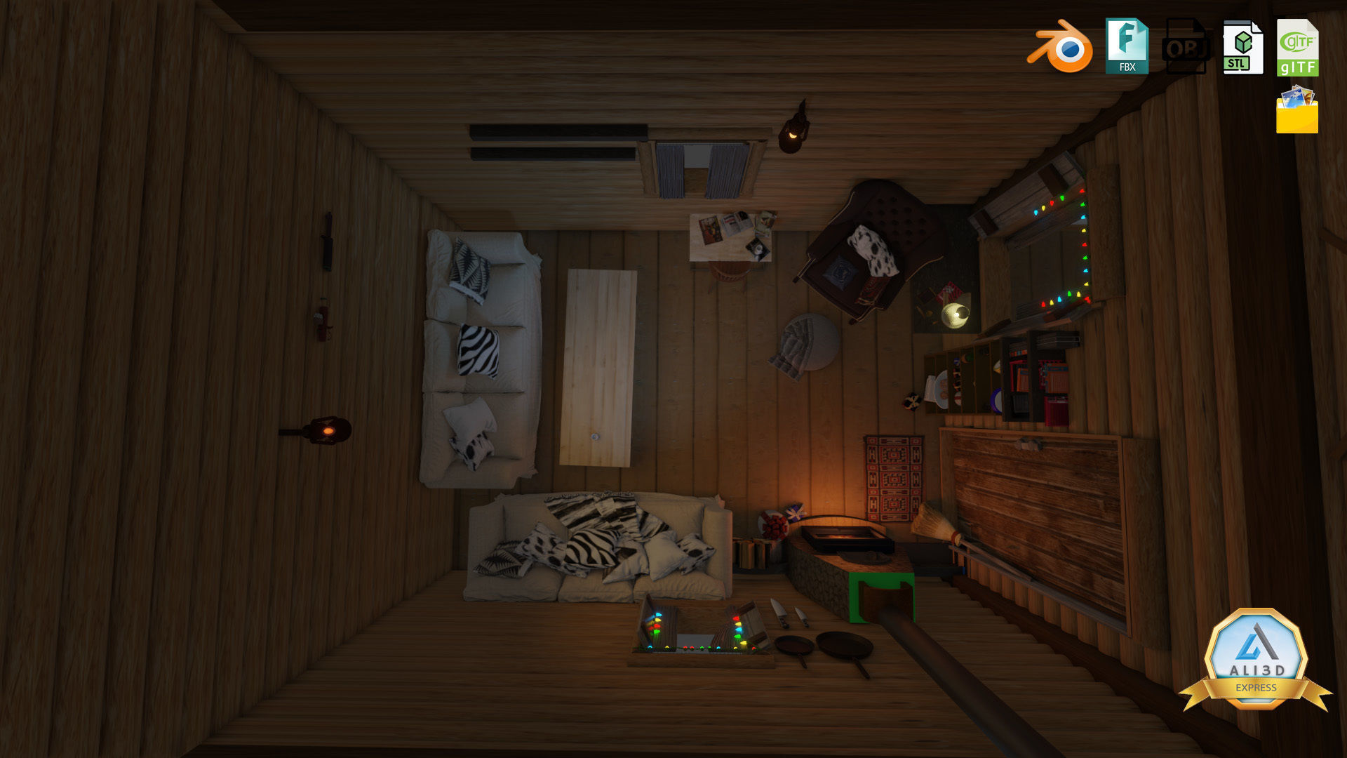 Detailed Log cabin with Interior Texture and Lighting 3D model_2