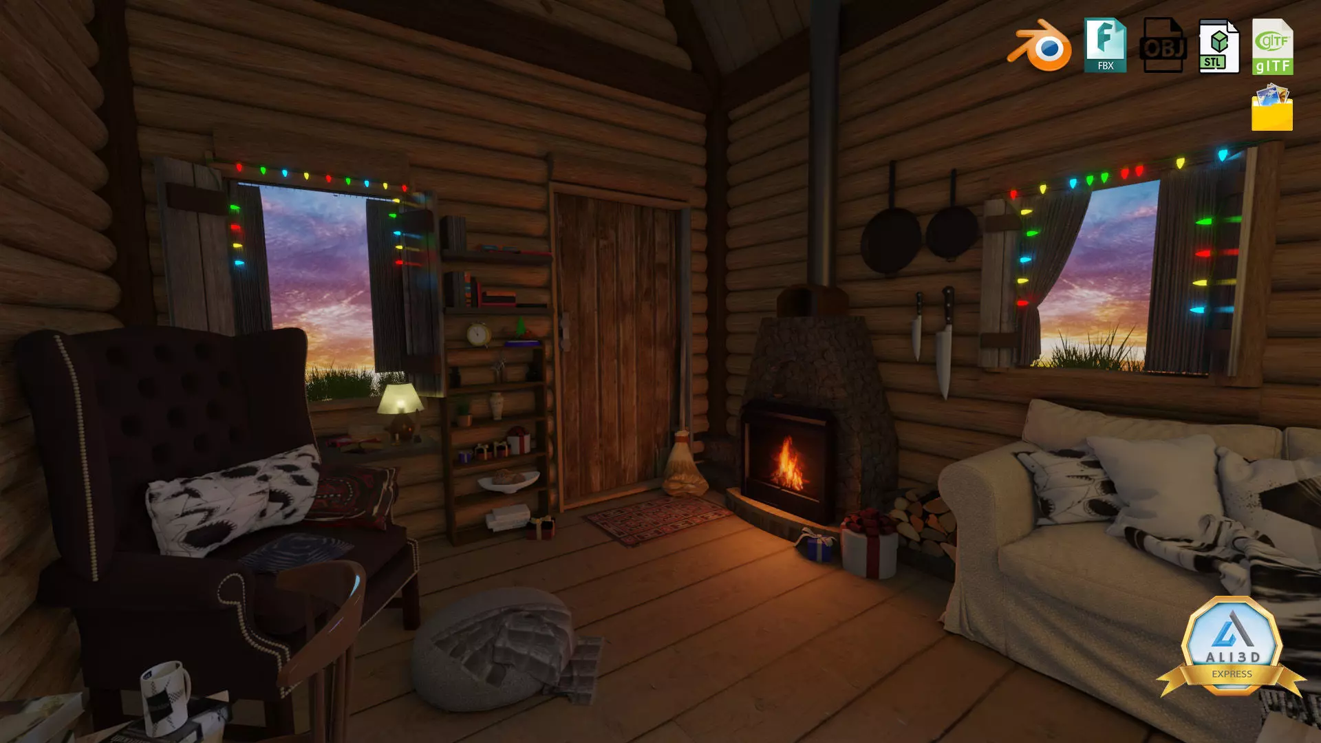Detailed Log cabin with Interior Texture and Lighting 3D model_0