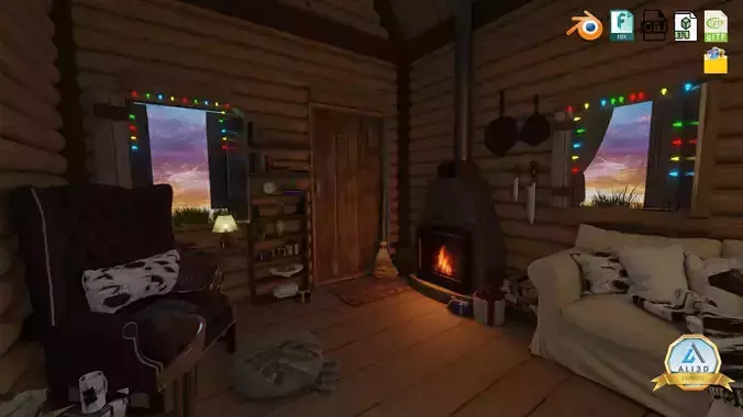 Detailed Log cabin with Interior Texture and Lighting