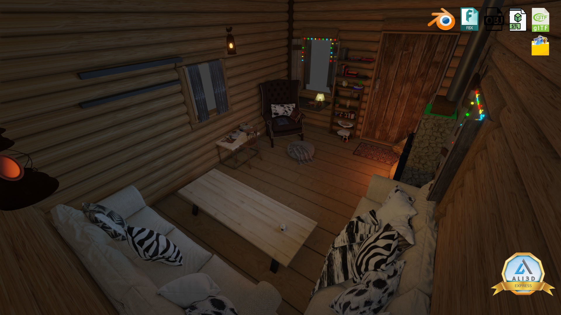 Detailed Log cabin with Interior Texture and Lighting 3D model_3