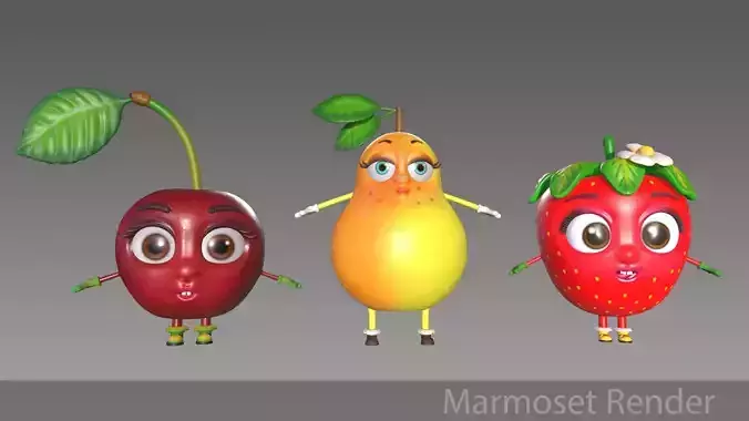 Fruit set three characters with different facial expressions