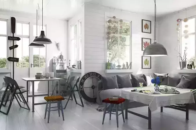 Scandinavian Style Living Room With Dining Table