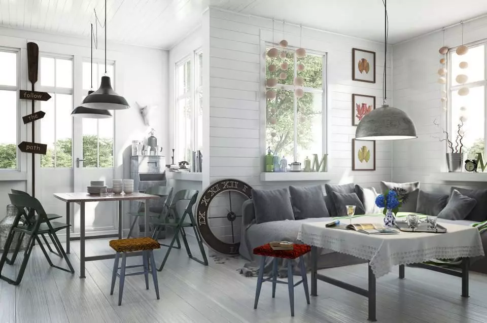 Scandinavian Style Living Room With Dining Table 3D model