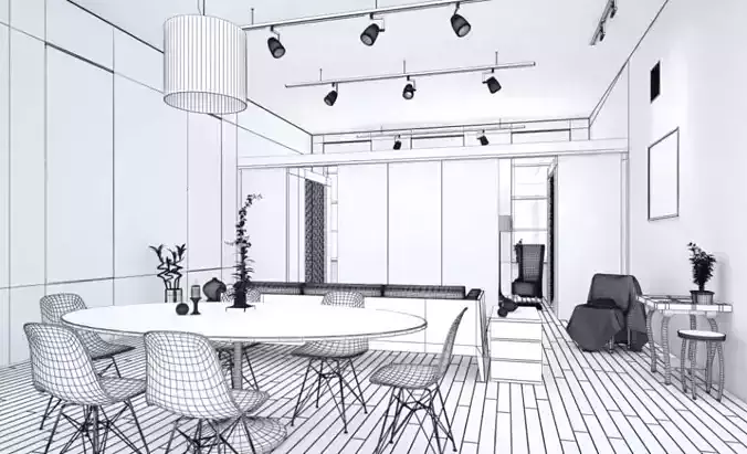 Living Room With Dining Table 3D model