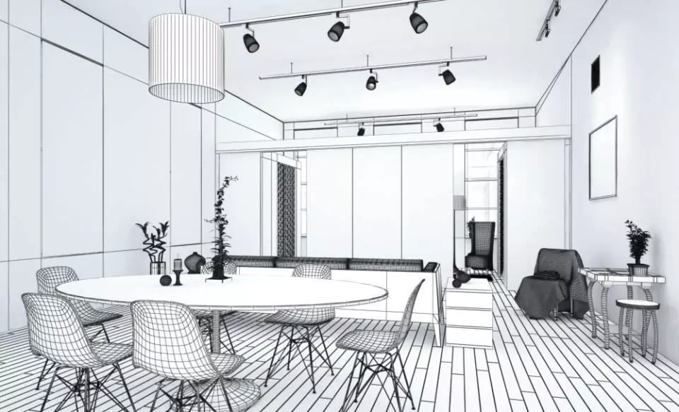 Living Room With Dining Table 3D model_0