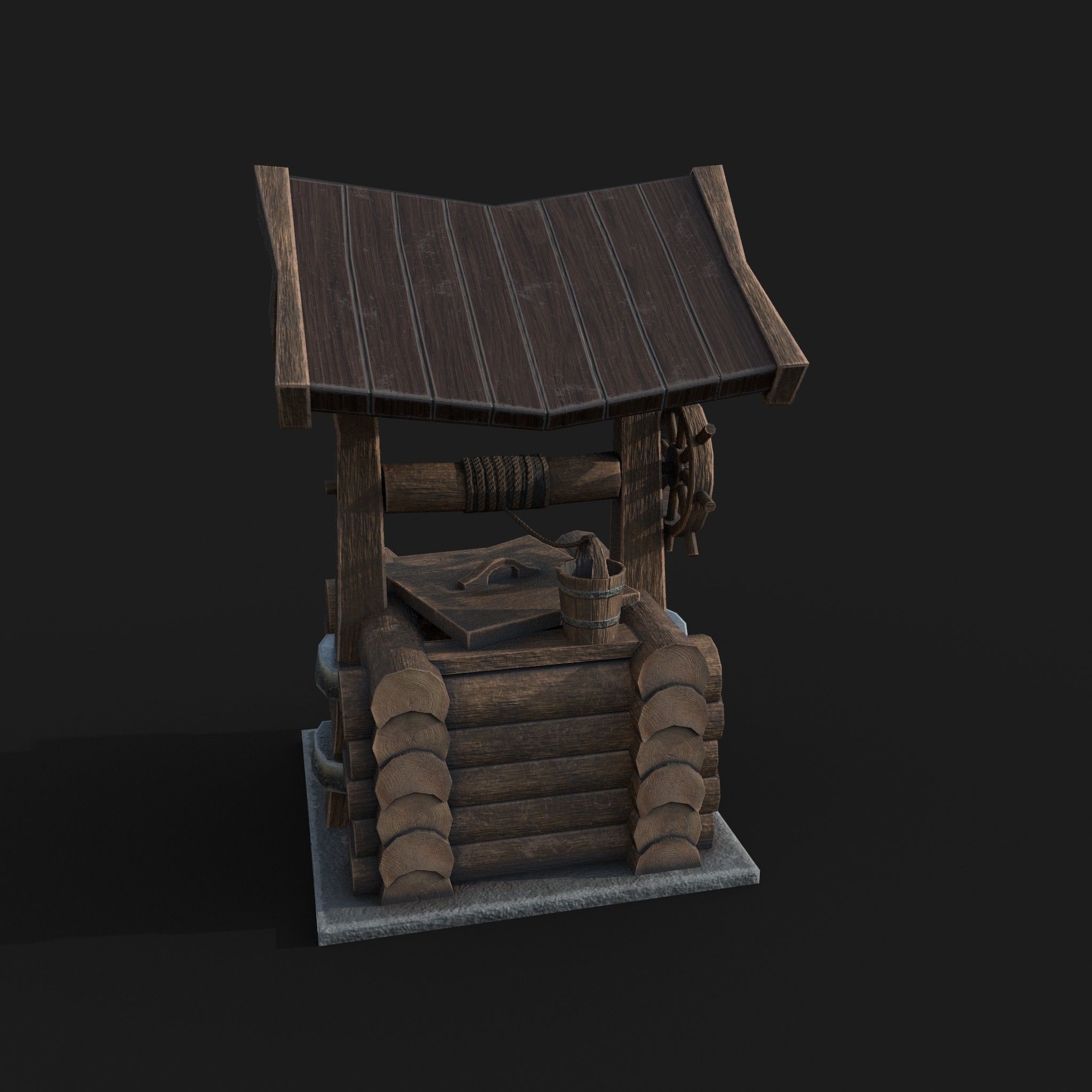 Wooden draw-well Low-poly 3D model_2