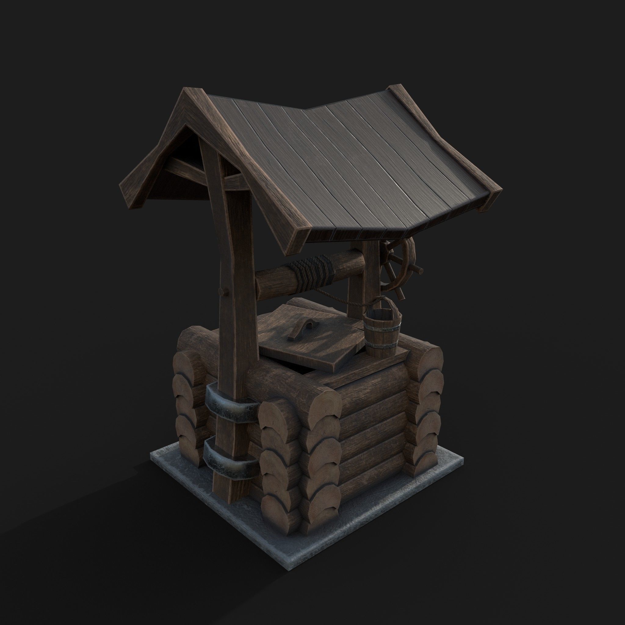 Wooden draw-well Low-poly 3D model_3