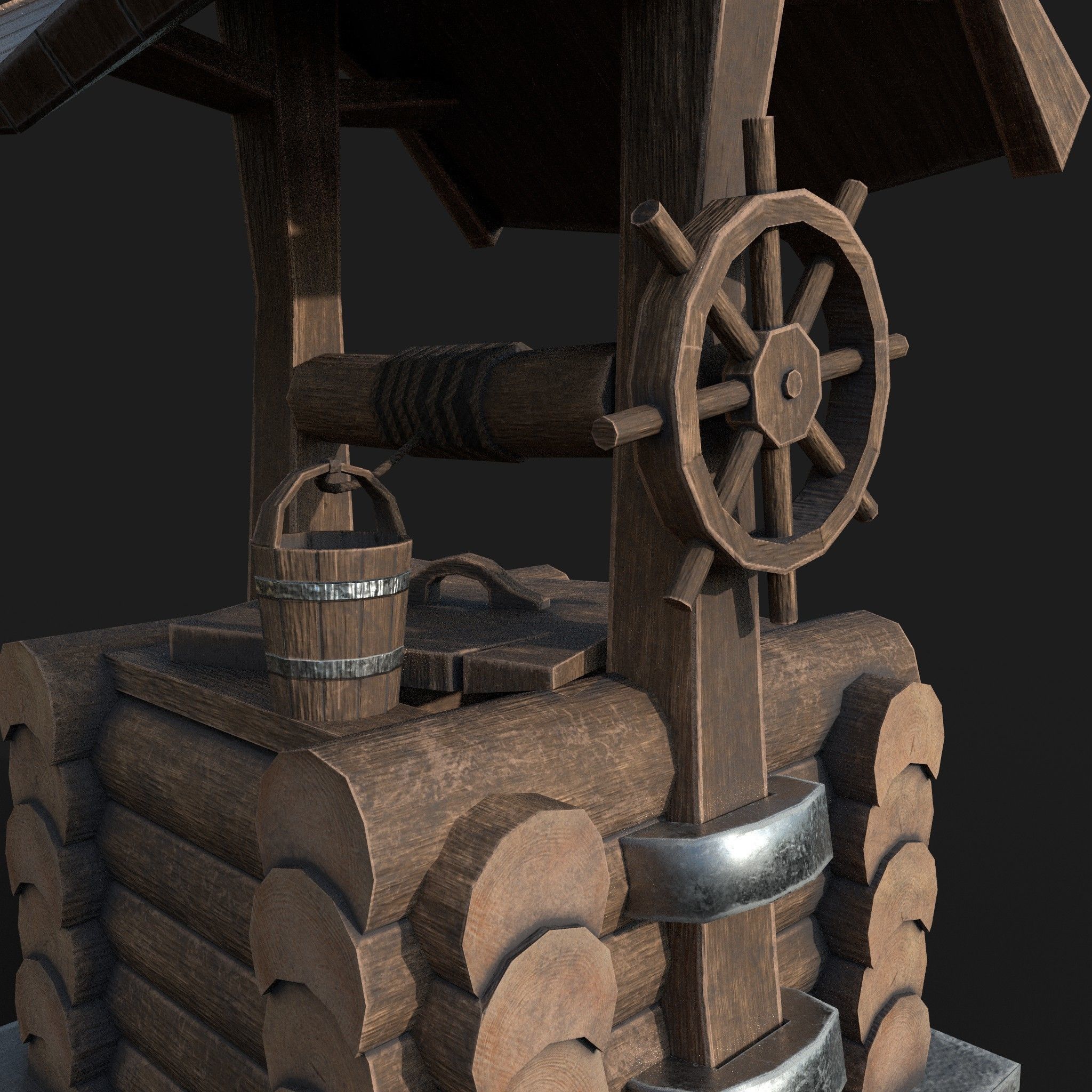 Wooden draw-well Low-poly 3D model_9
