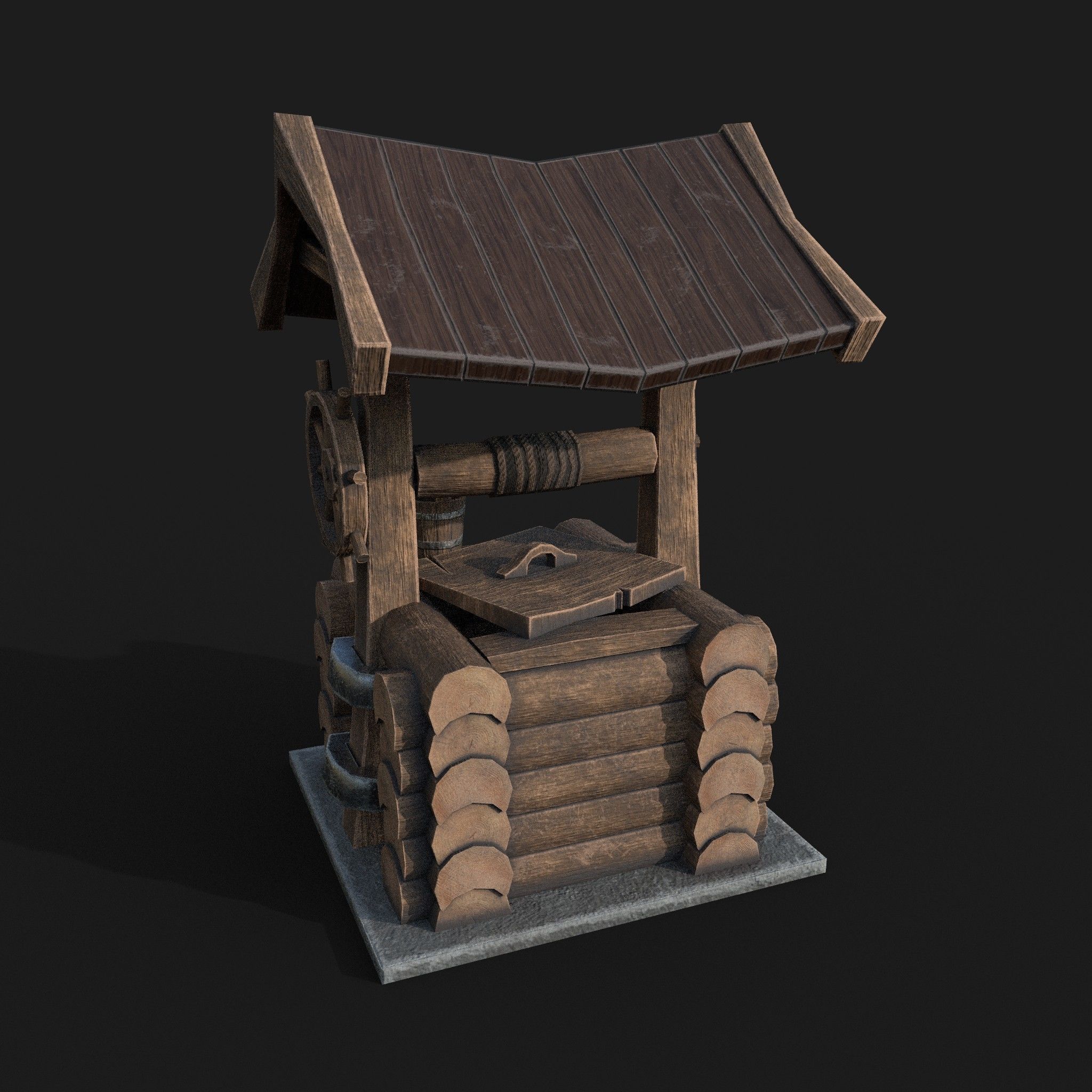 Wooden draw-well Low-poly 3D model_6