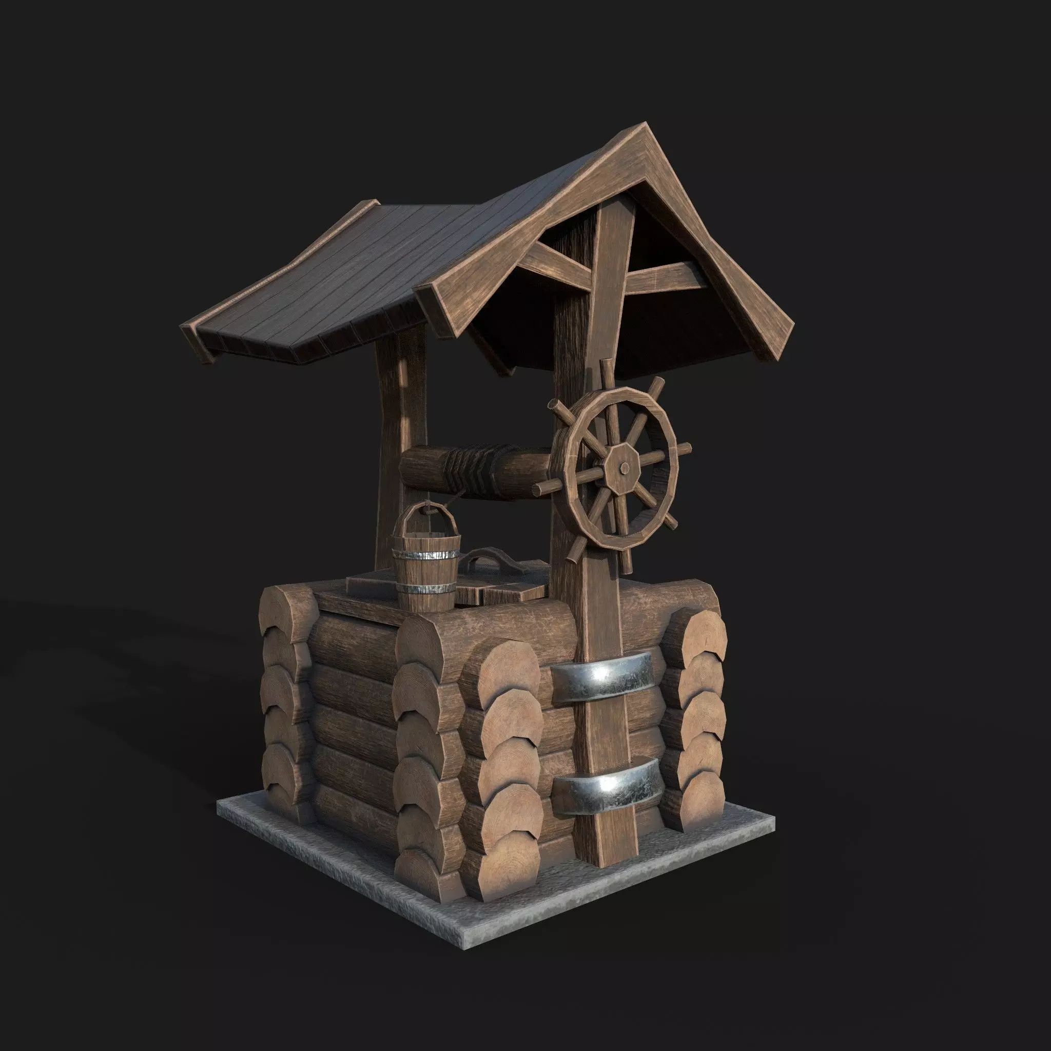 Wooden draw-well Low-poly 3D model_0
