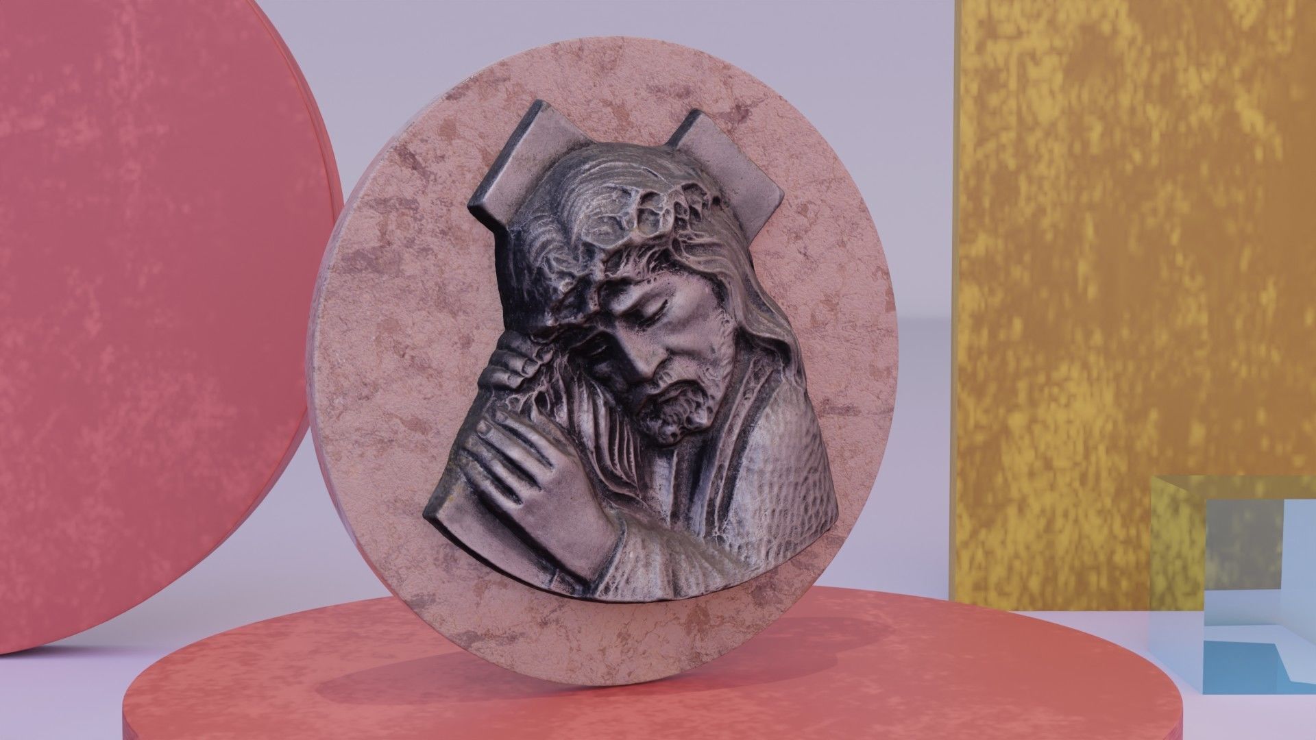Jesus with a cross bas-relief Low-poly 3D model_8