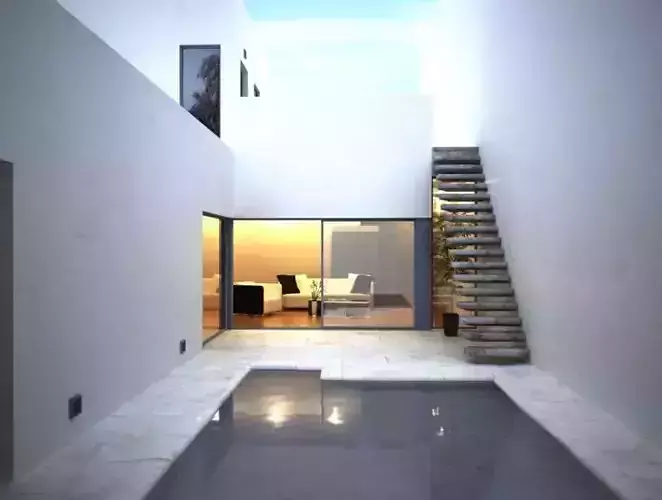 Modern Swimming Pool With Living Room And Stairs