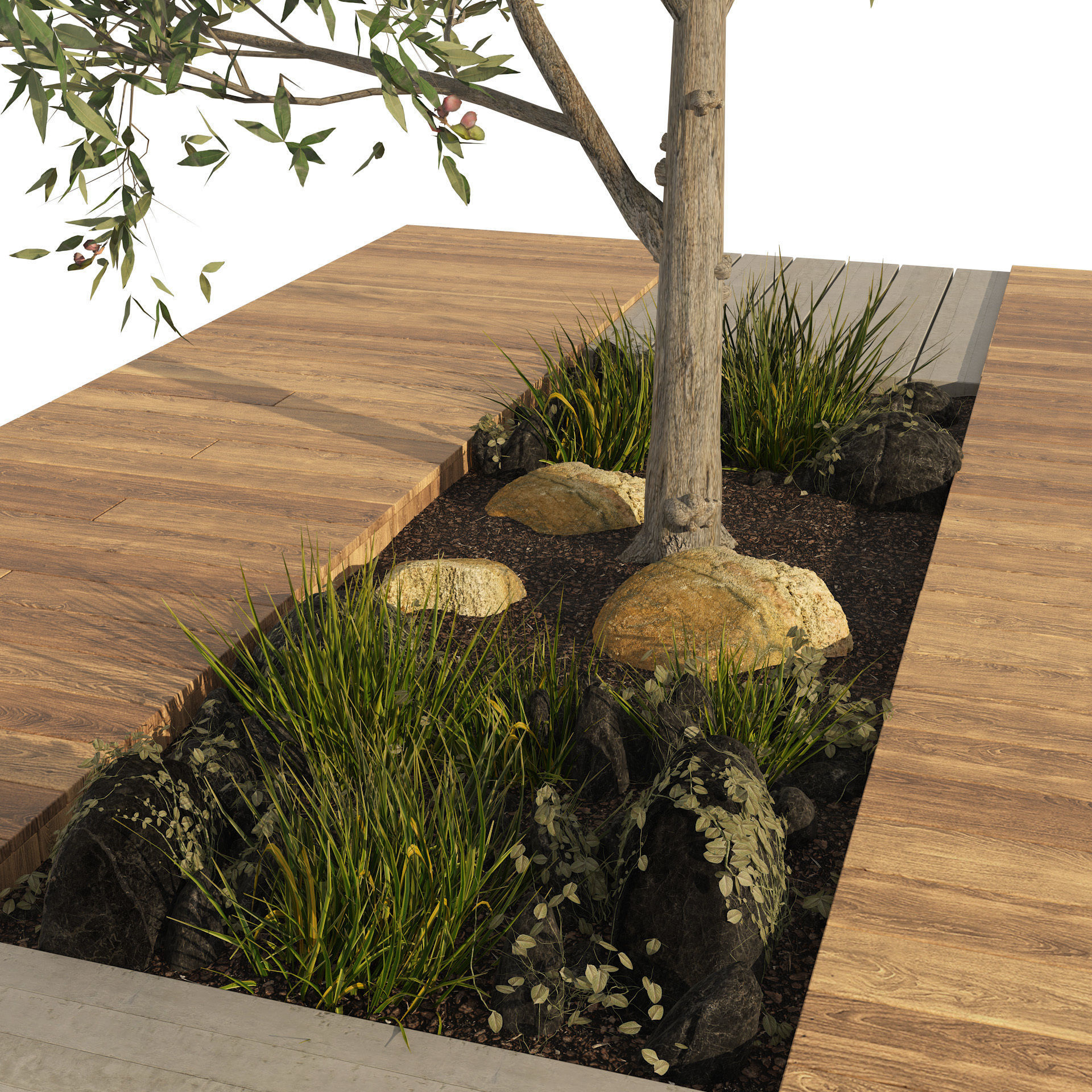 olive tree with wood deck planter Low-poly 3D model_1