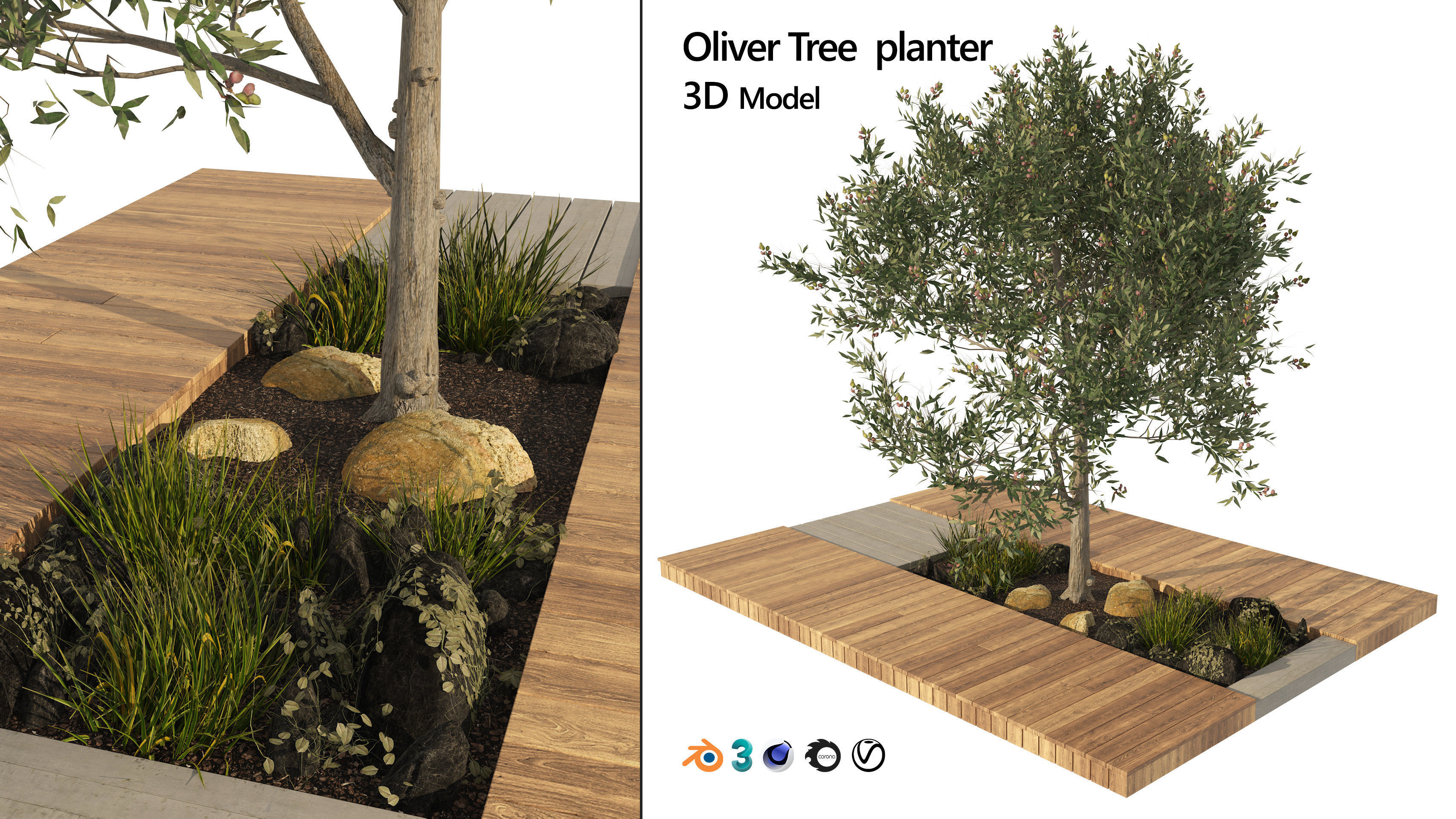olive tree with wood deck planter Low-poly 3D model_6