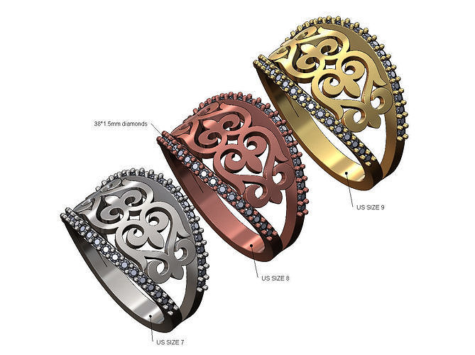 Floral strip diamond lips ring US sizes 7 8 9 3D print model
