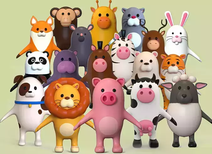 cartoon animals pack rigged Low-poly 3D model