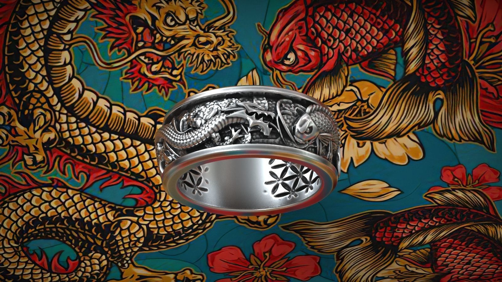 Dragon VS Koi Carp Fish Japanes Traditional Pattern Ring 3D print model_6