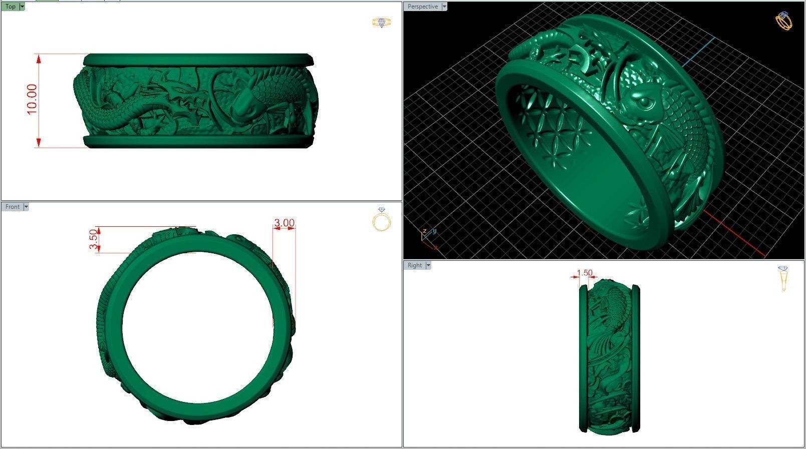Dragon VS Koi Carp Fish Japanes Traditional Pattern Ring 3D print model_8