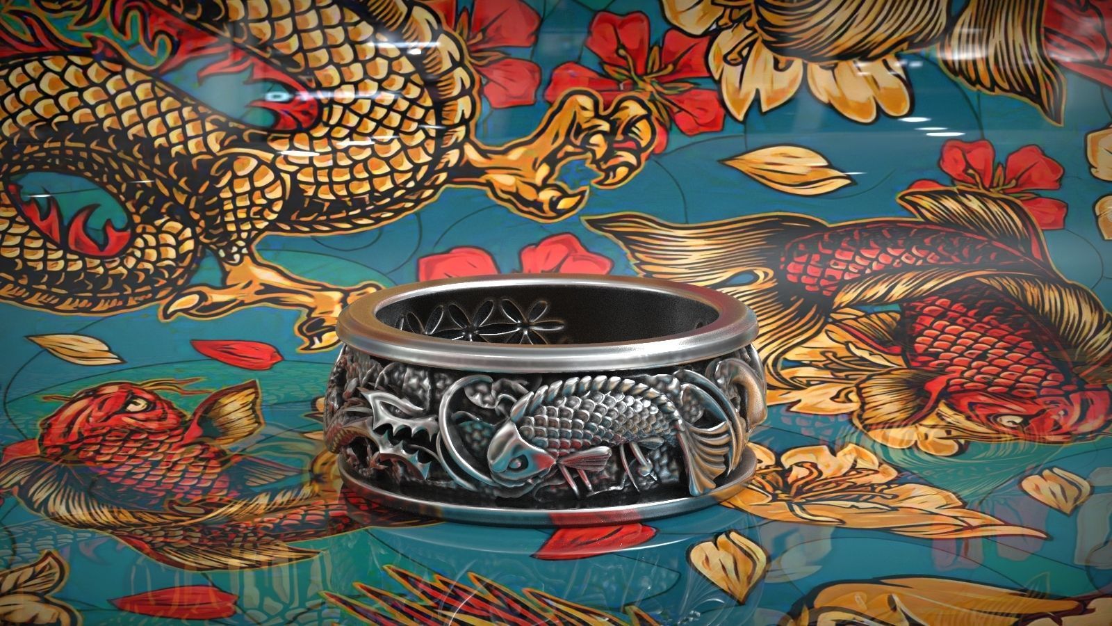 Dragon VS Koi Carp Fish Japanes Traditional Pattern Ring 3D print model_7