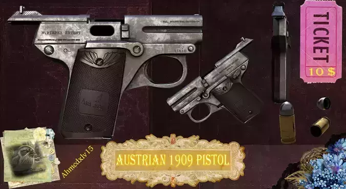 Austrian Steyr-Pieper Model 1909 Pistol Low-poly 3D model