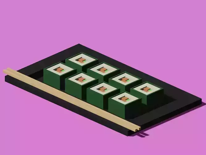 Sushi low poly on tray with chopsticks Low-poly 3D model