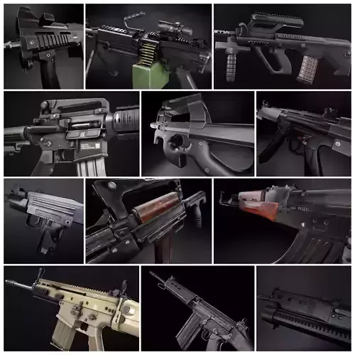 Modern AAA Game Ready weapons pack Assault Rifles SMGs and LMG Low-poly 3D model