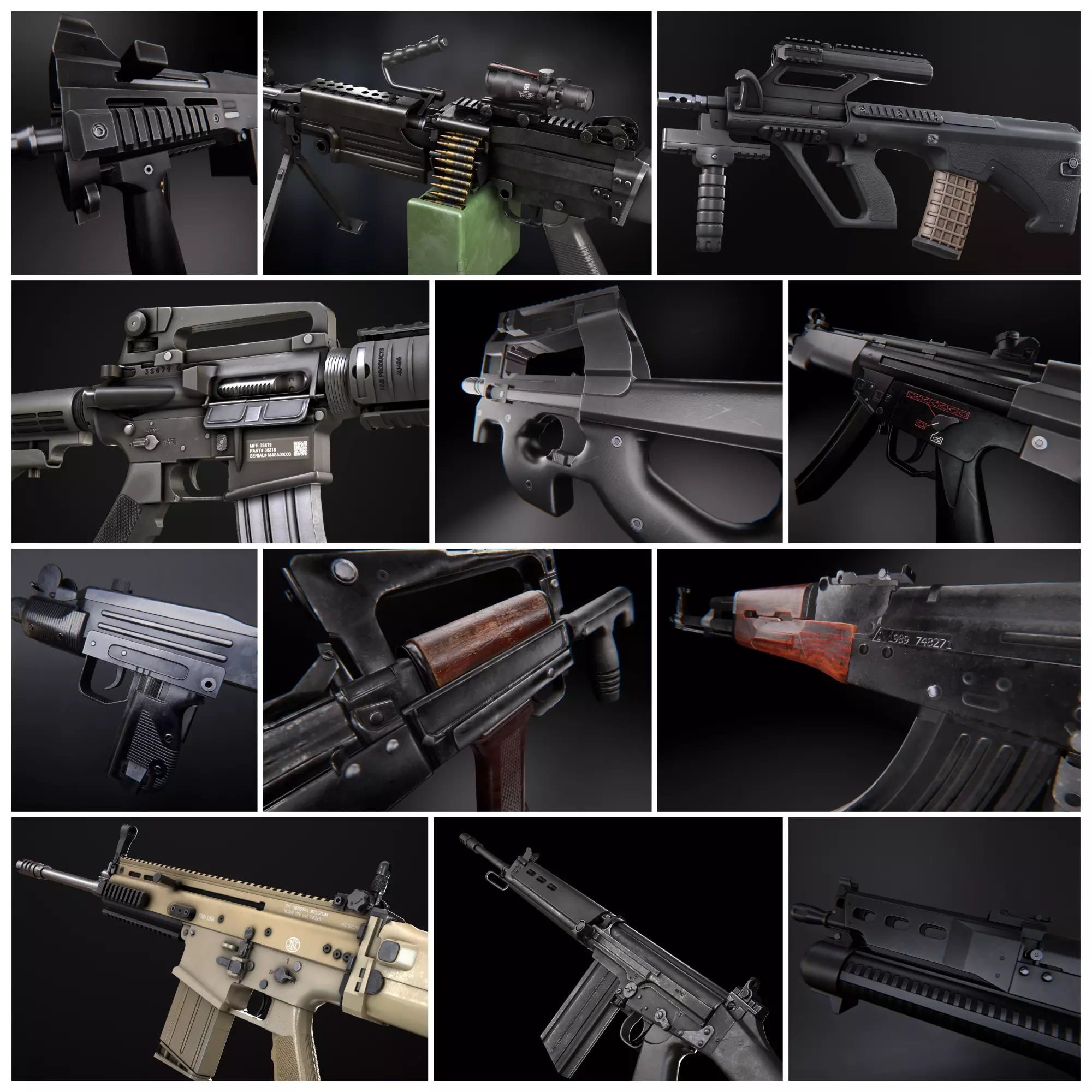 Modern AAA Game Ready weapons pack Assault Rifles SMGs and LMG Low-poly 3D model