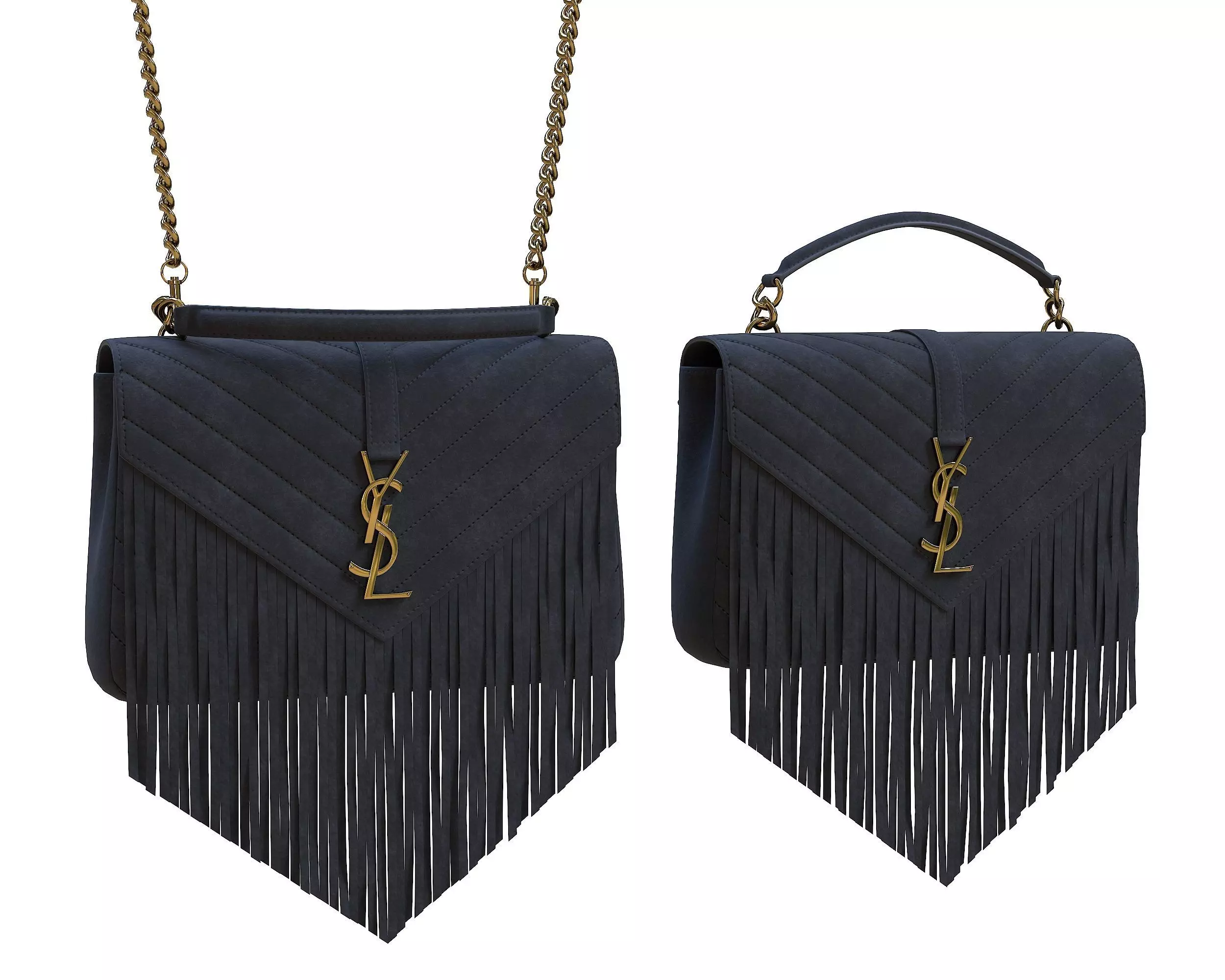 YSL Saint Laurent College Medium Chain Bag Black Fringed Suede Low-poly 3D model_0