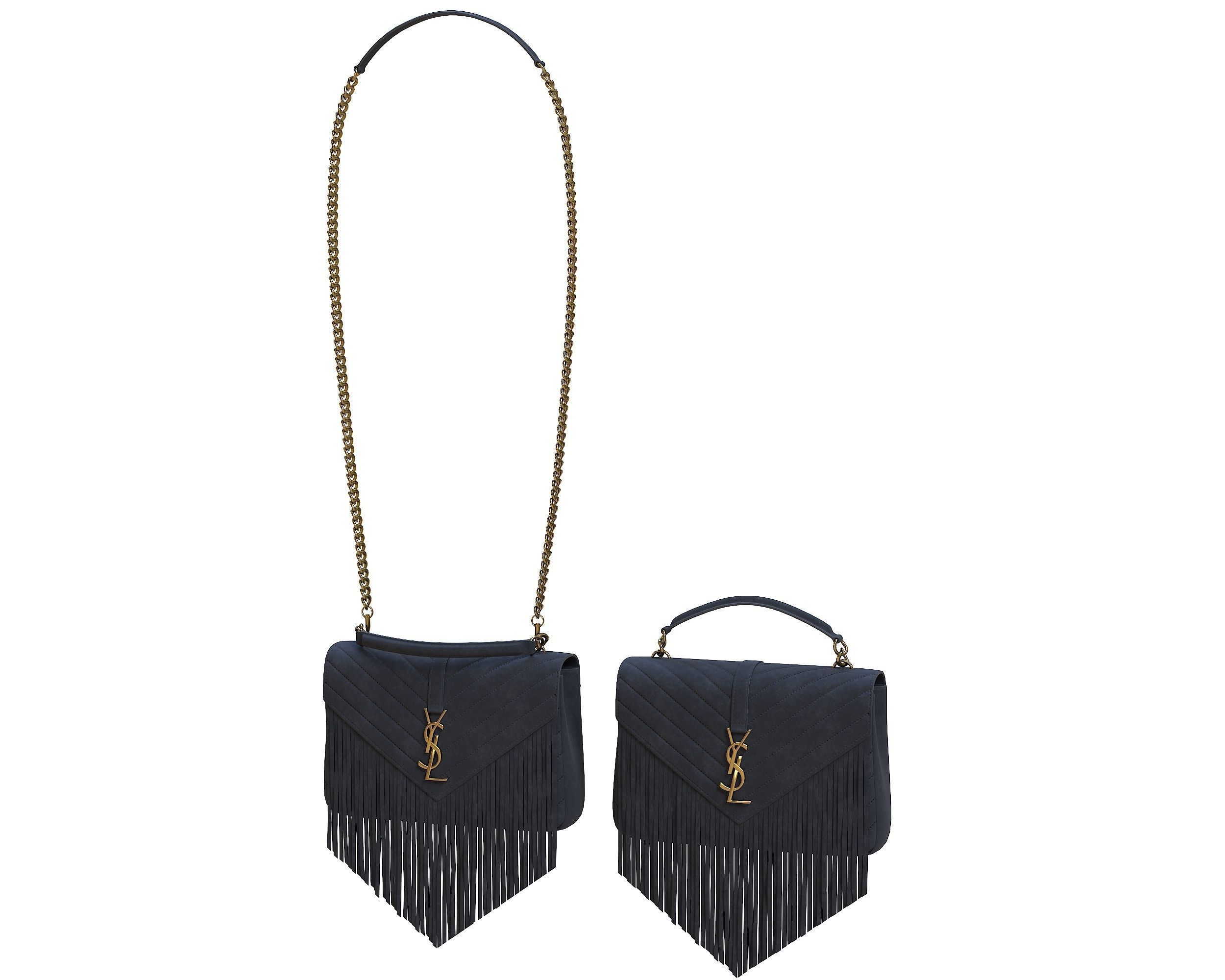 YSL Saint Laurent College Medium Chain Bag Black Fringed Suede Low-poly 3D model_1