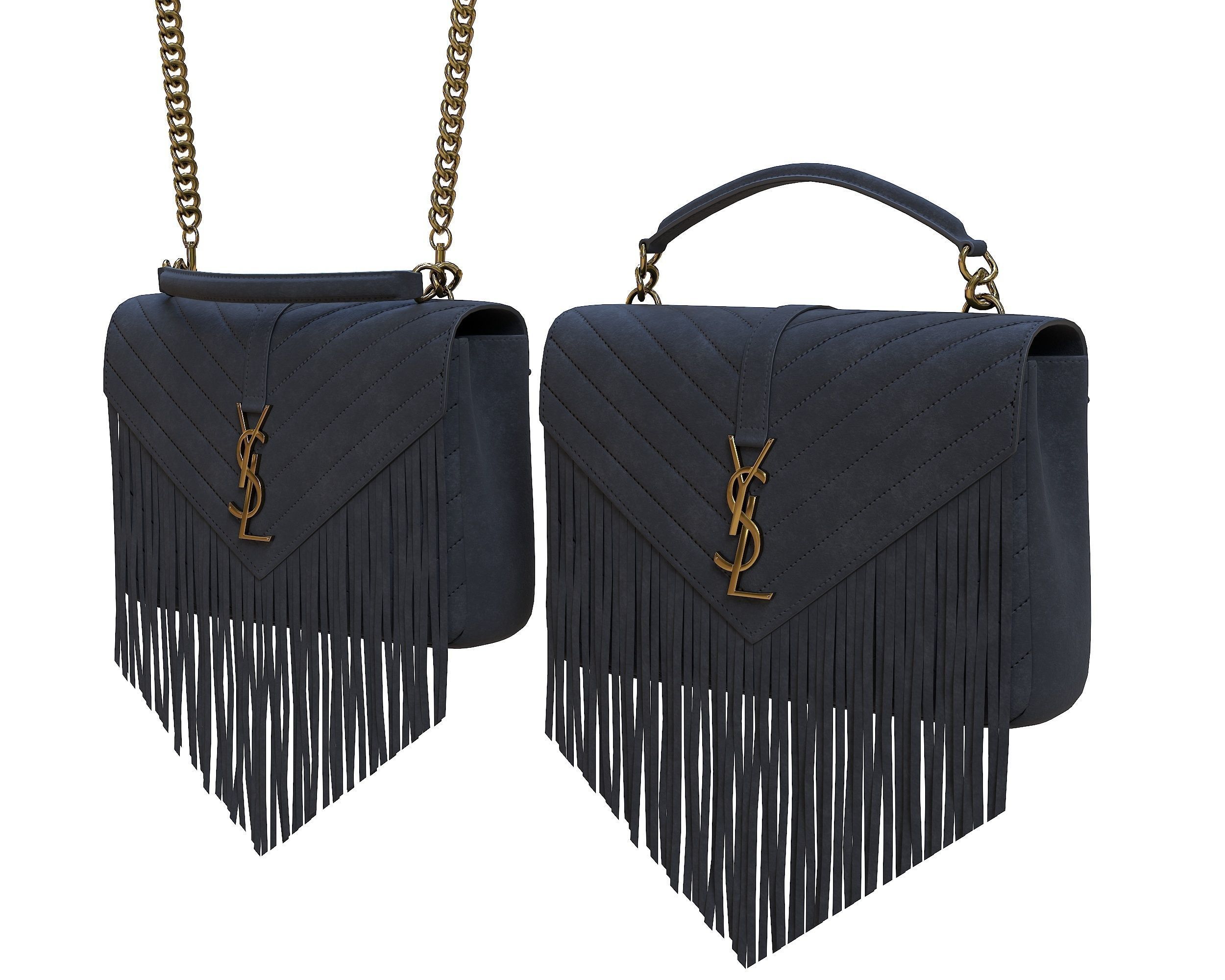 YSL Saint Laurent College Medium Chain Bag Black Fringed Suede Low-poly 3D model_3