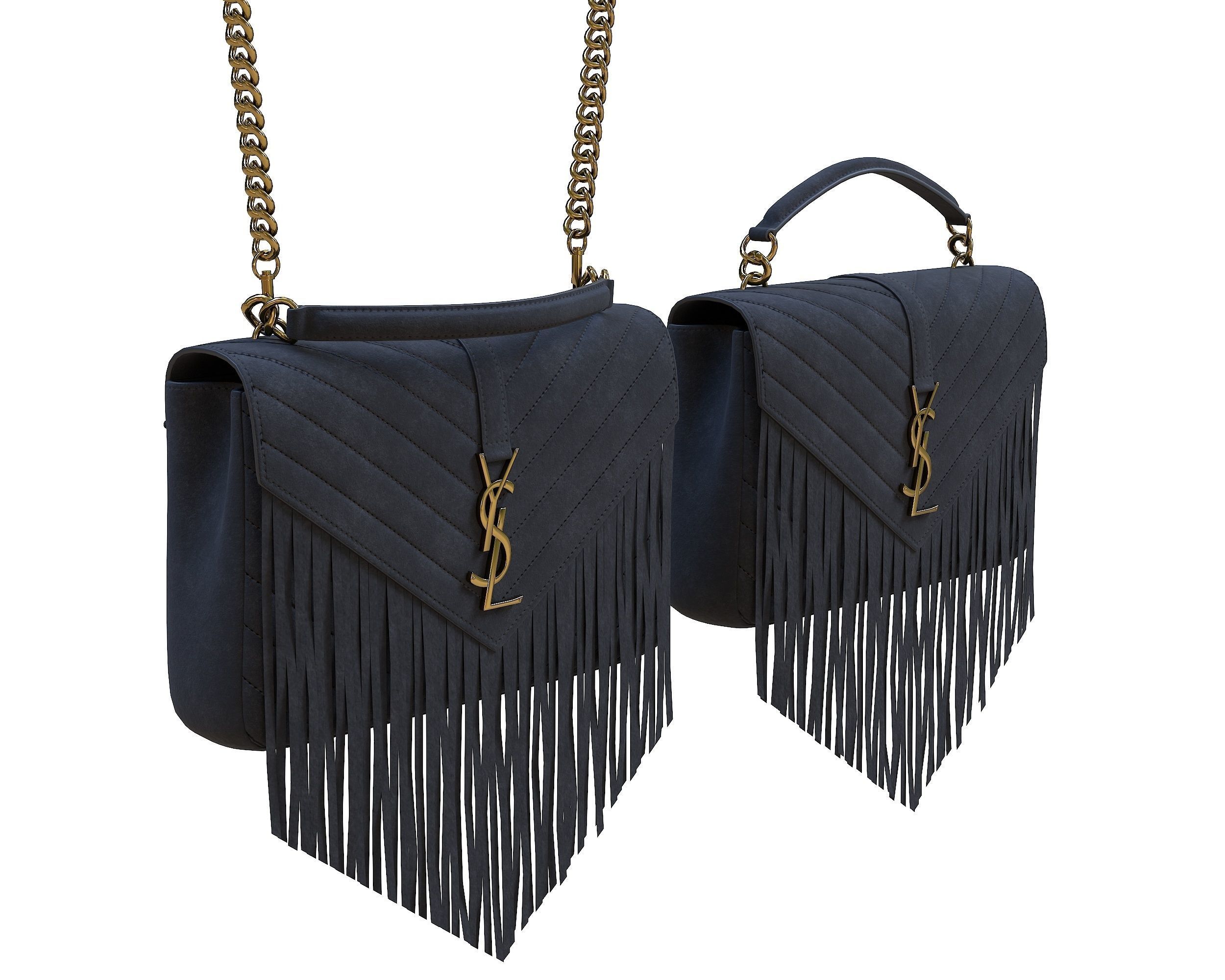 YSL Saint Laurent College Medium Chain Bag Black Fringed Suede Low-poly 3D model_2