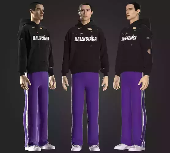 Balenciaga Destroyed Hoodie and Palm Angels suit w character 3D model