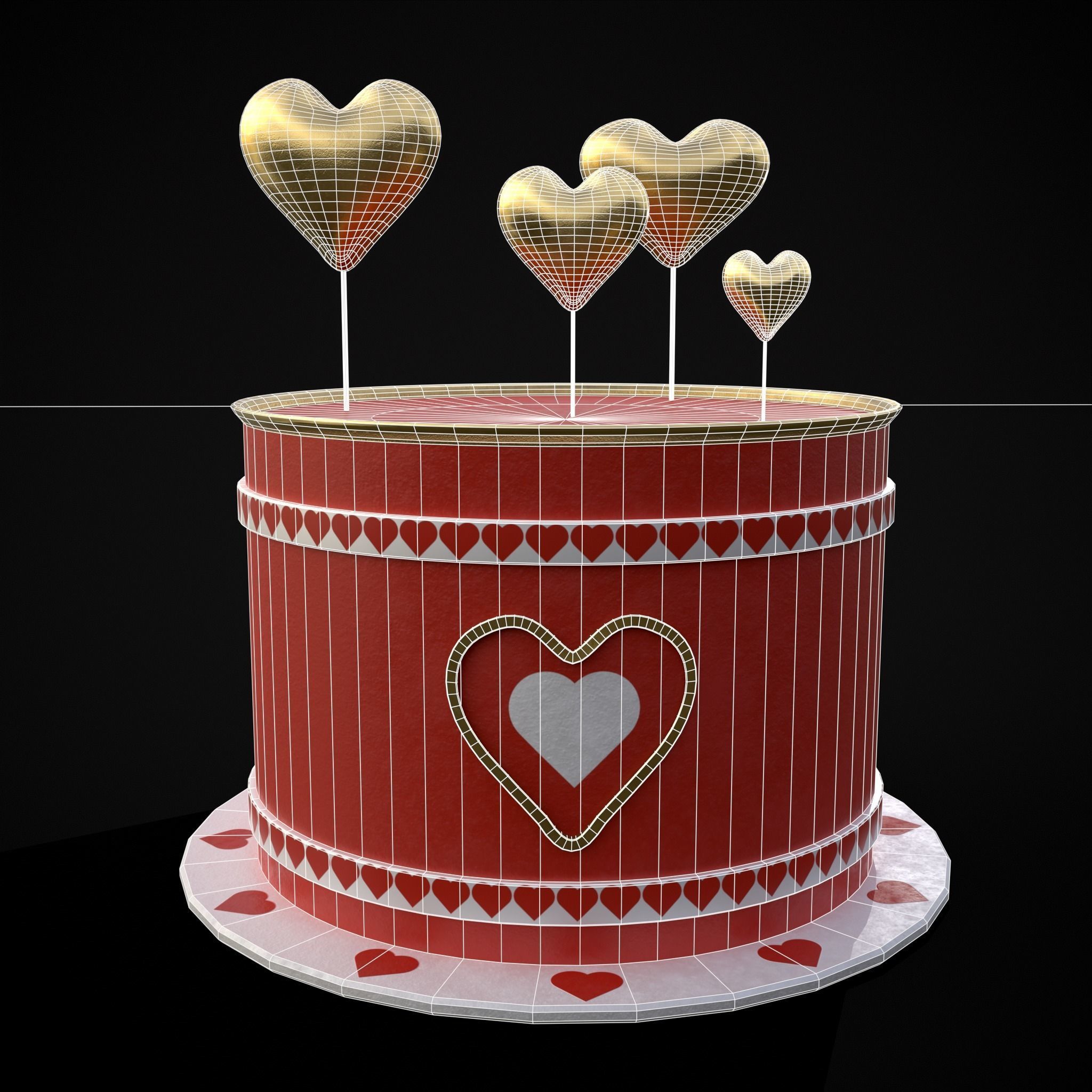 Red And White Heart Balloon Cake Low-poly 3D model_2