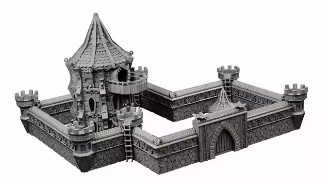 Elven city walls and modular air spire tower 3D print model