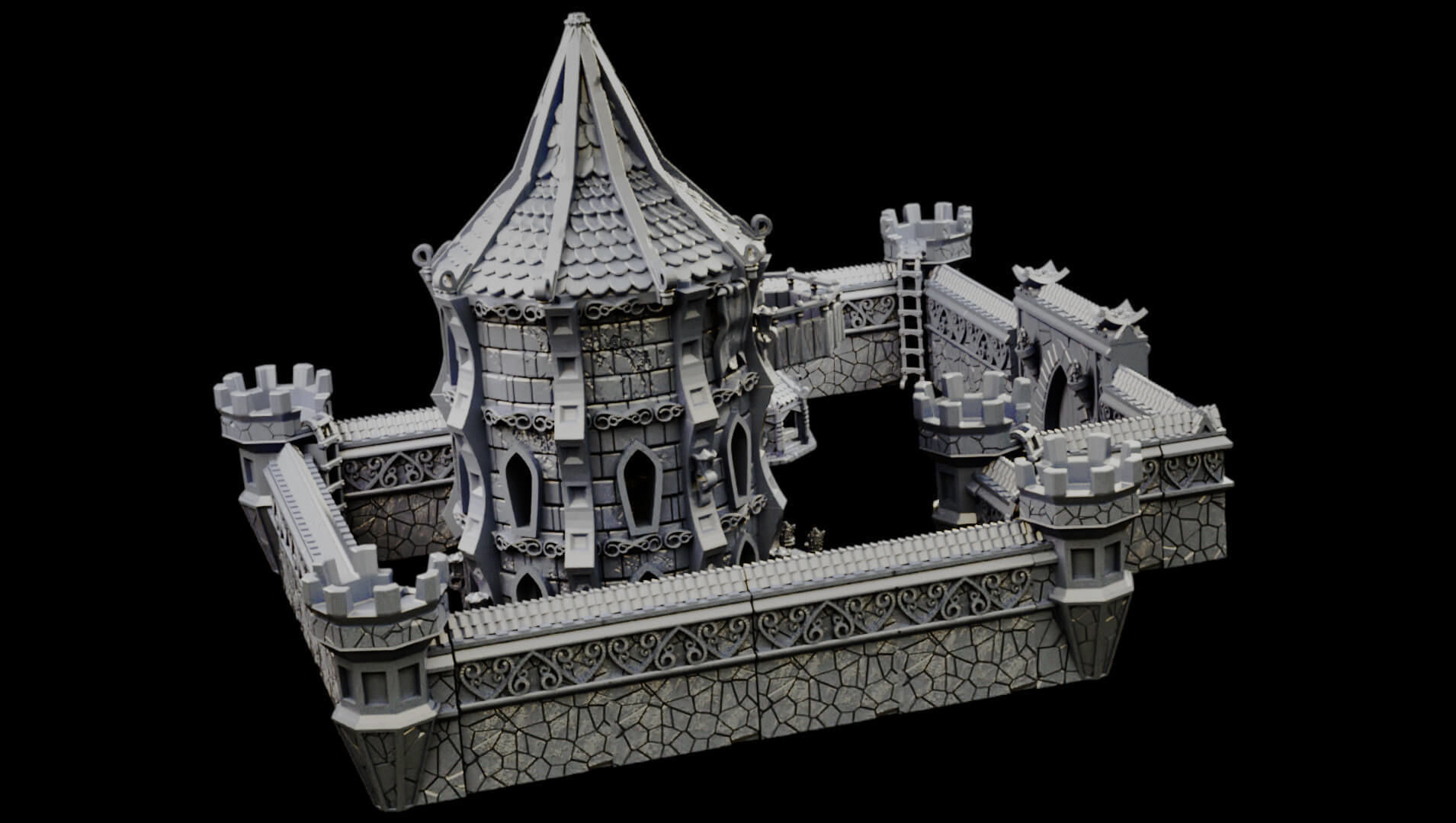 Elven city walls and modular air spire tower 3D print model_16