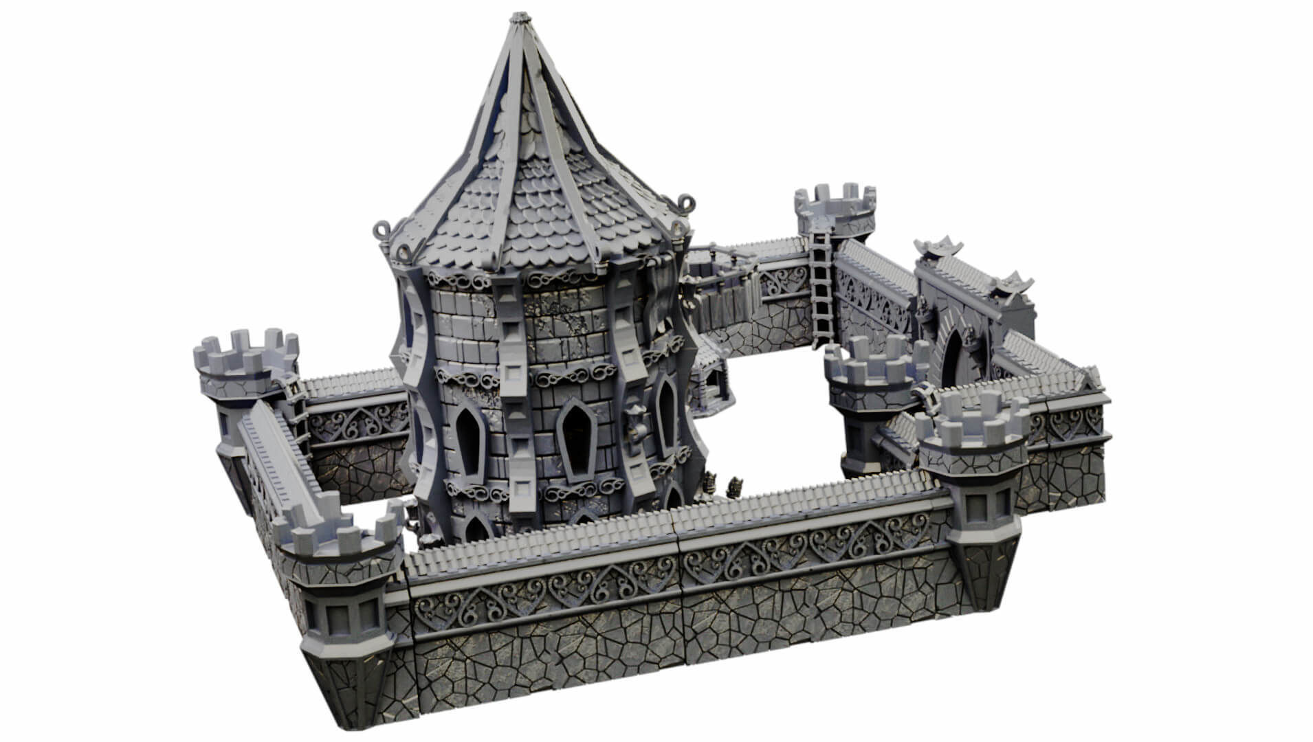 Elven city walls and modular air spire tower 3D print model_4