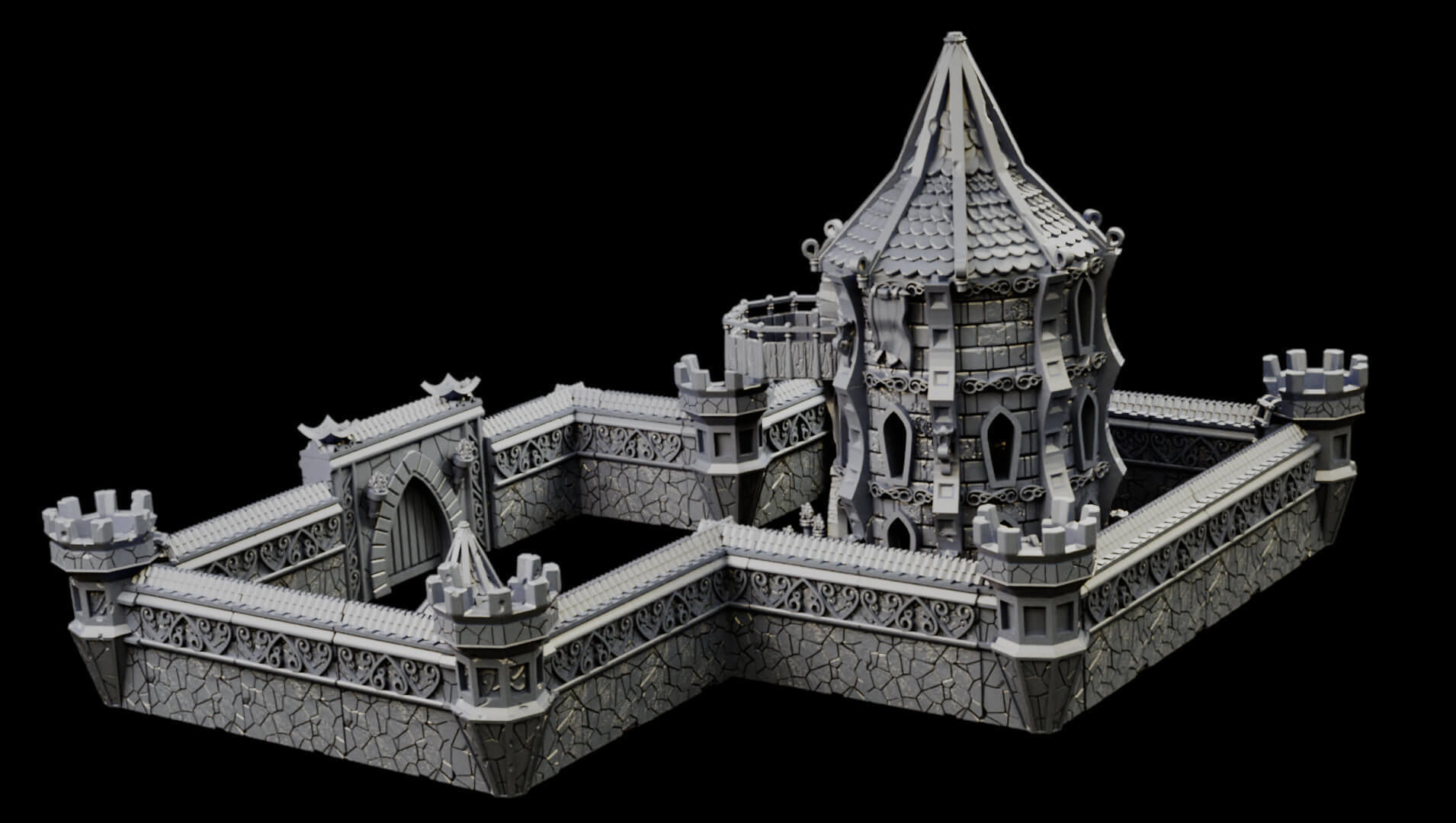 Elven city walls and modular air spire tower 3D print model_34