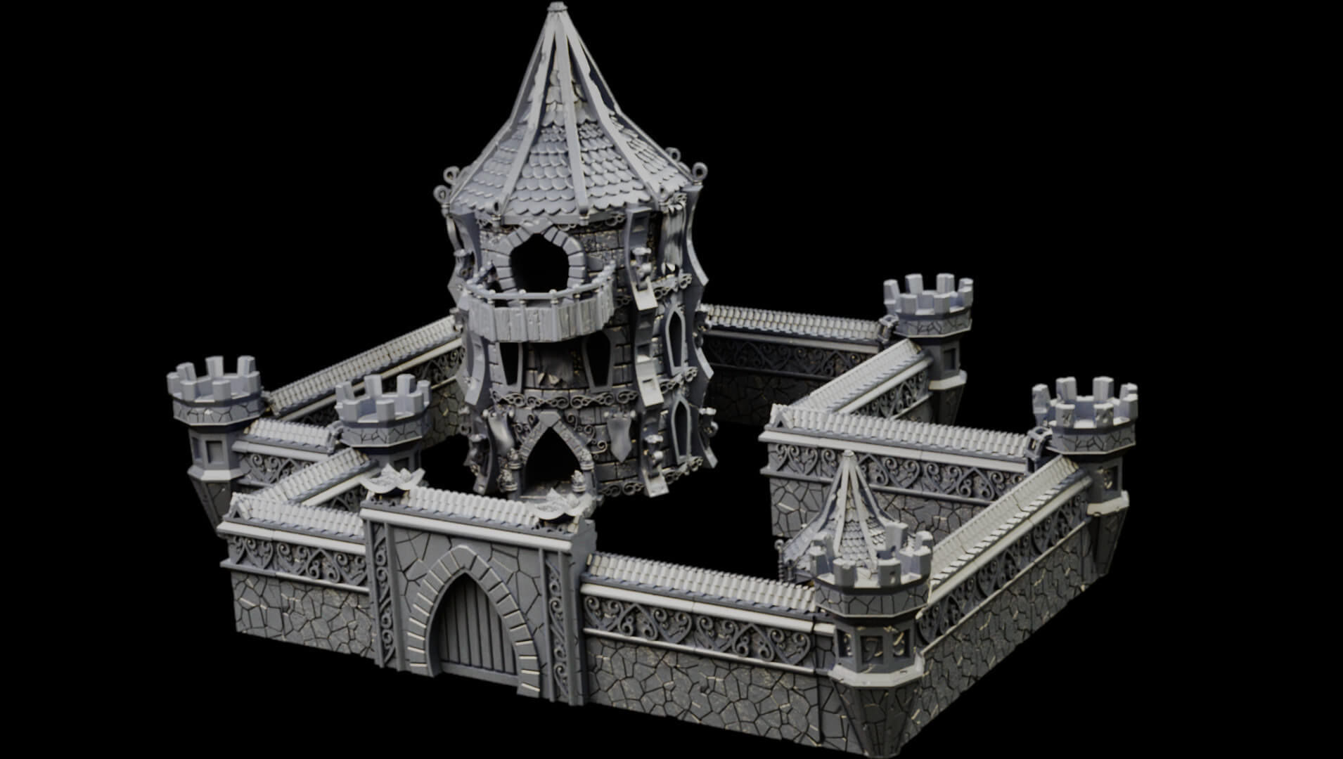 Elven city walls and modular air spire tower 3D print model_14