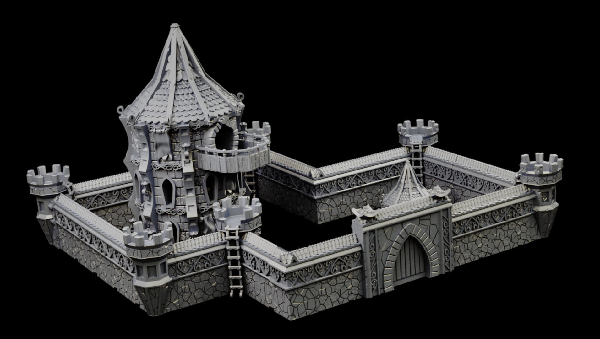 Elven city walls and modular air spire tower 3D print model_15