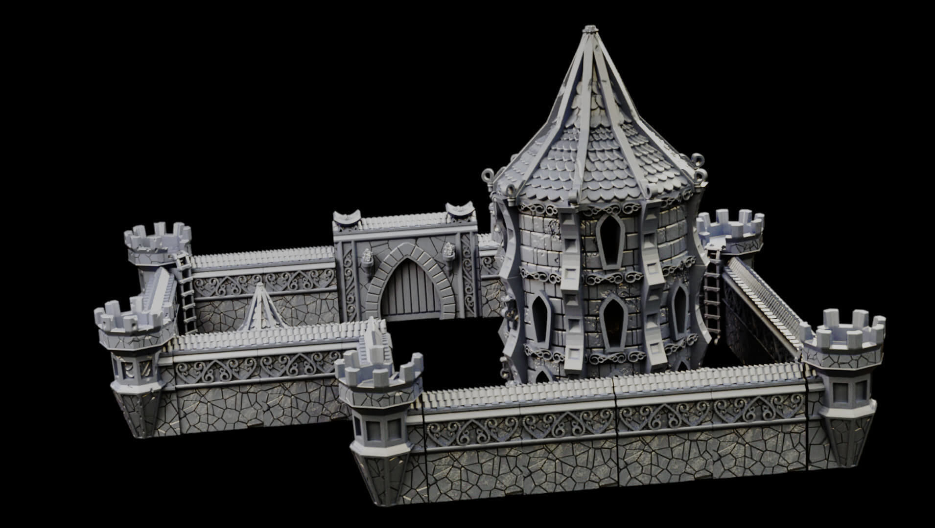 Elven city walls and modular air spire tower 3D print model_19