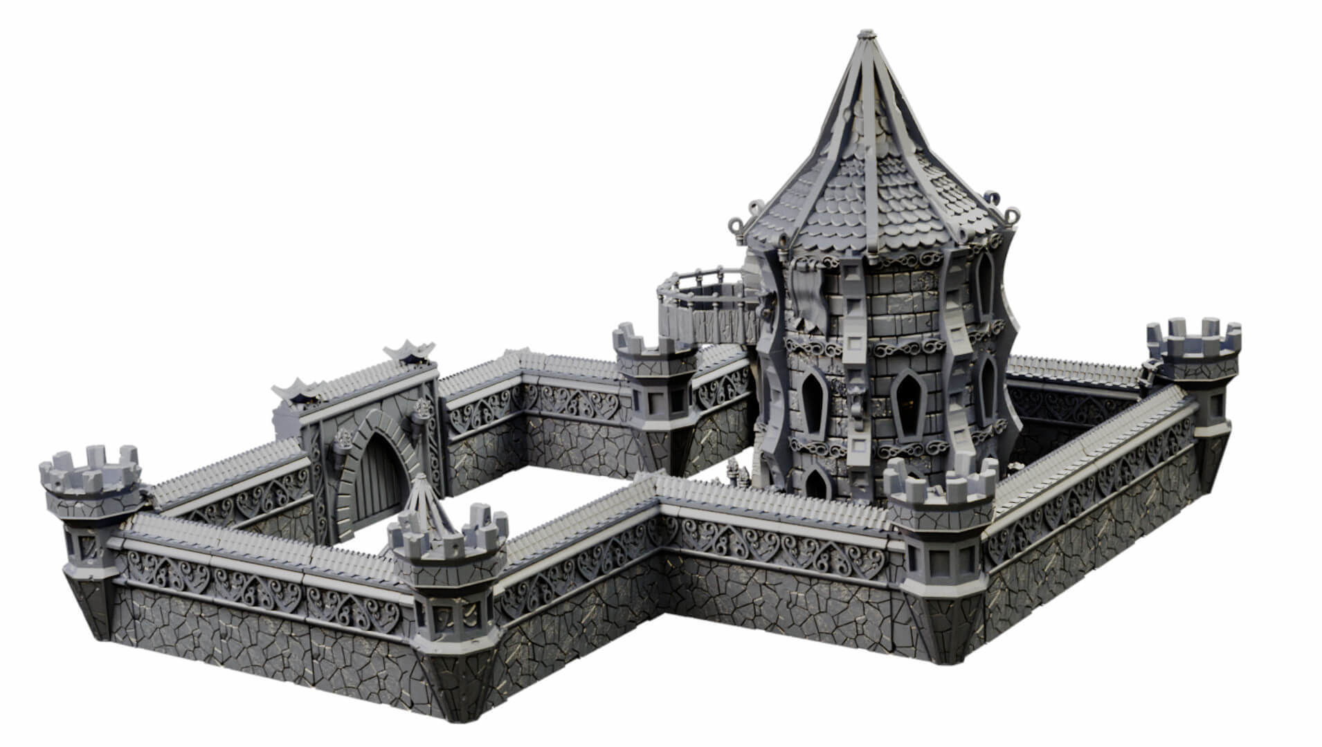 Elven city walls and modular air spire tower 3D print model_17