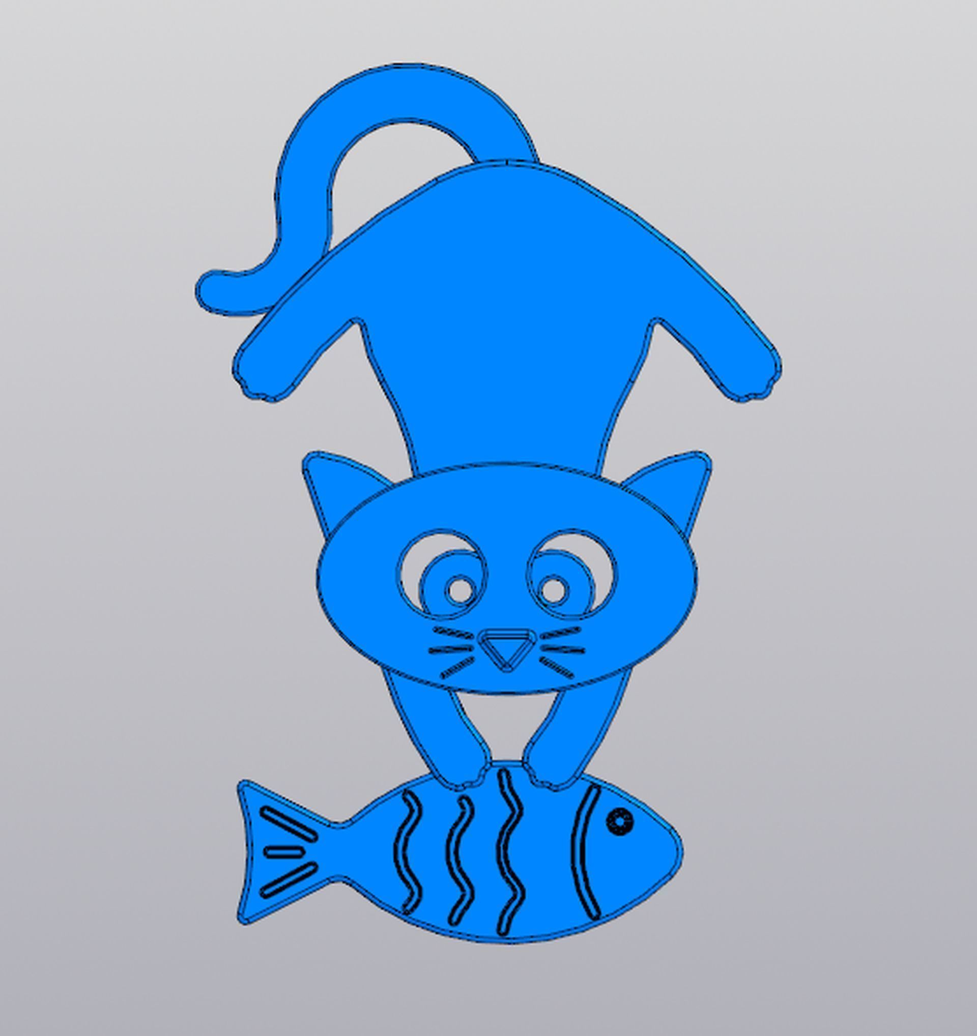 Keychain Cat with fish 3D print model_1