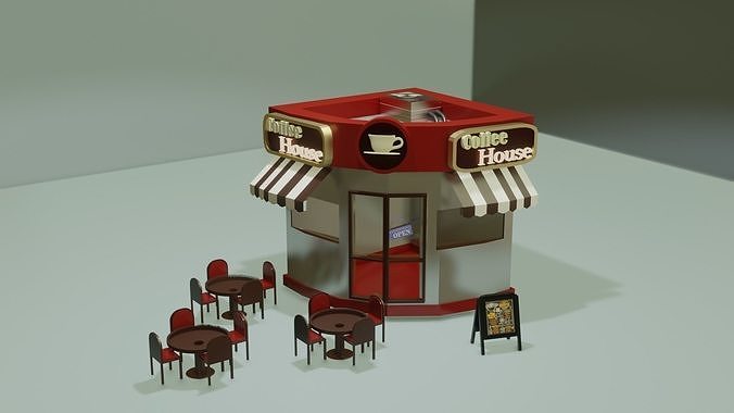 Outside- coffee shop low poly Free low-poly 3D model