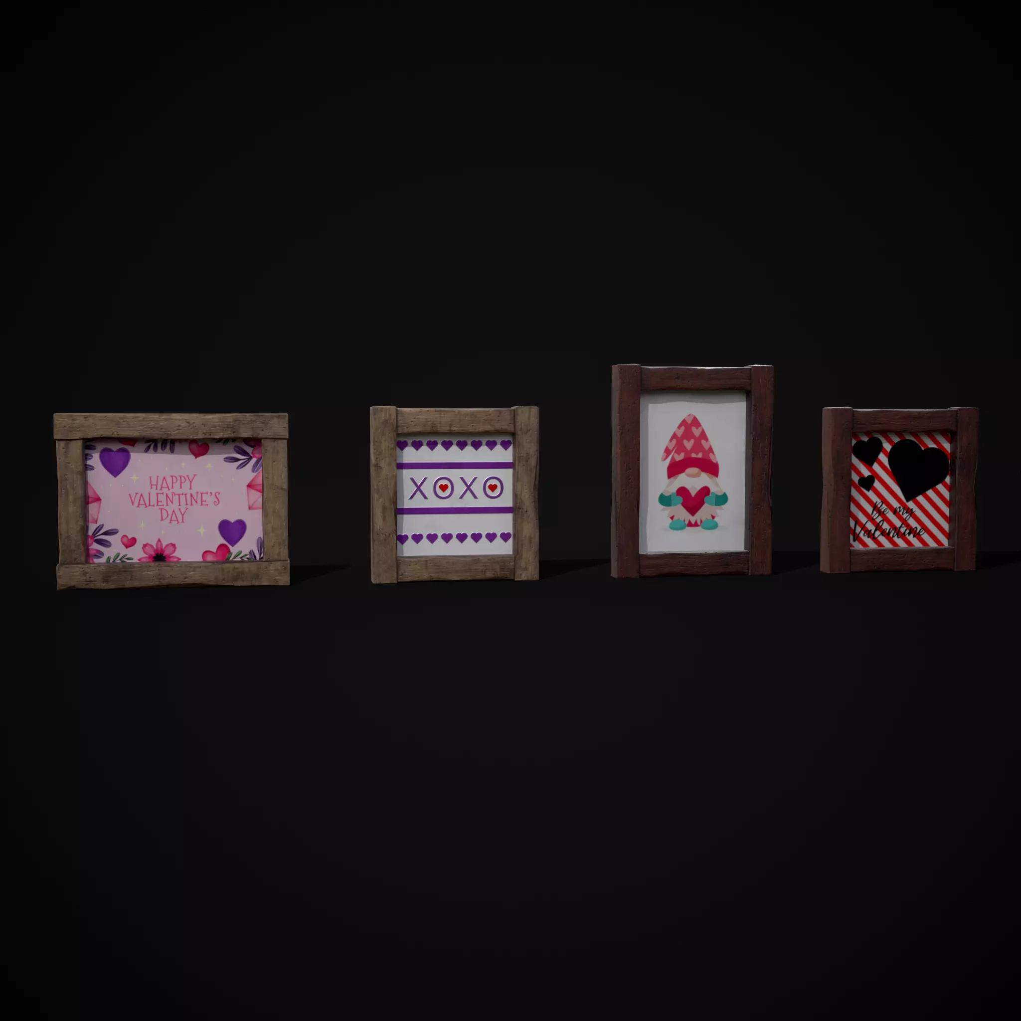 Four Wooden Valentines Picture Frames Low-poly 3D model