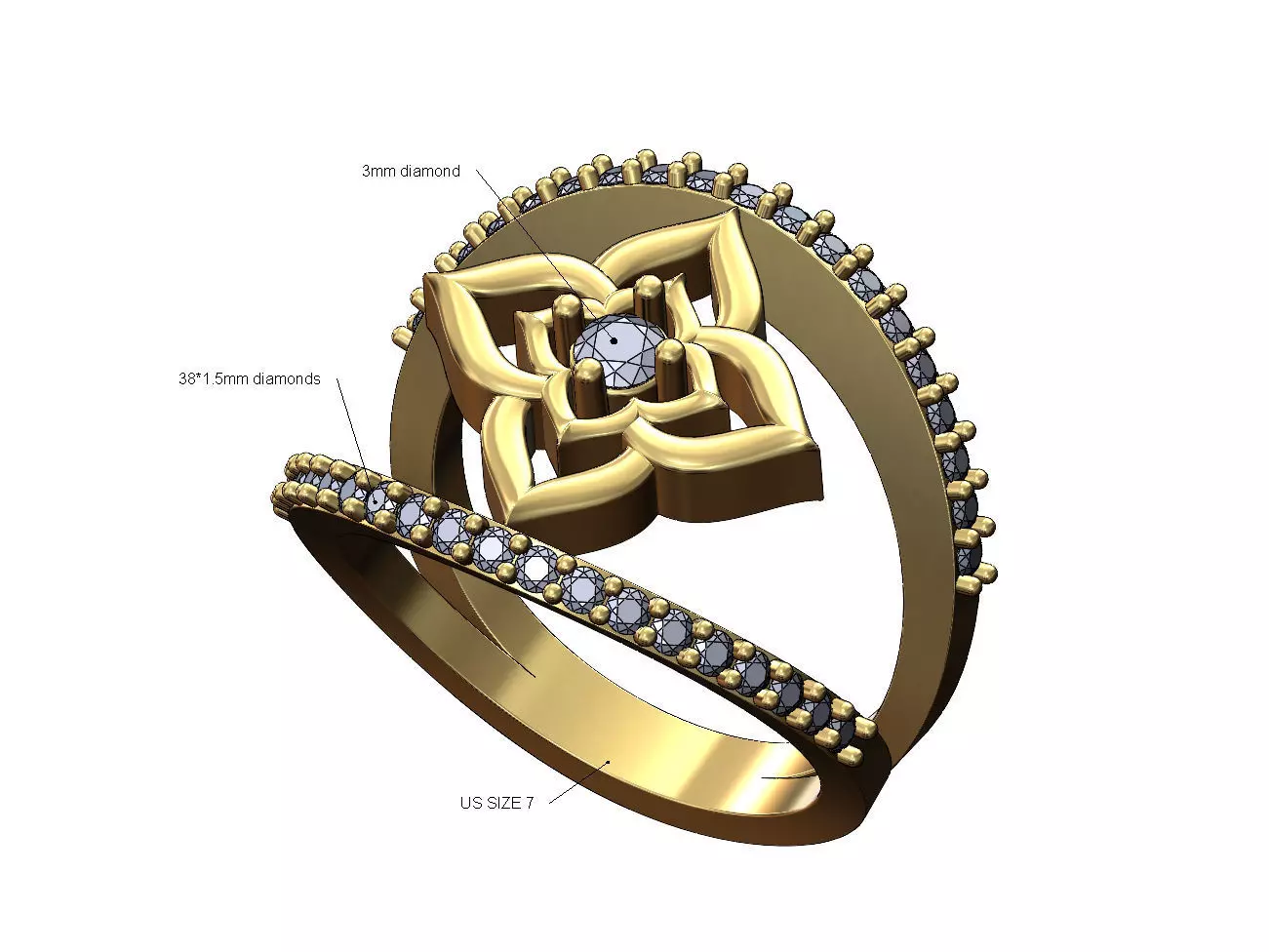Floral star diamond lips ring US size 7 3D print model