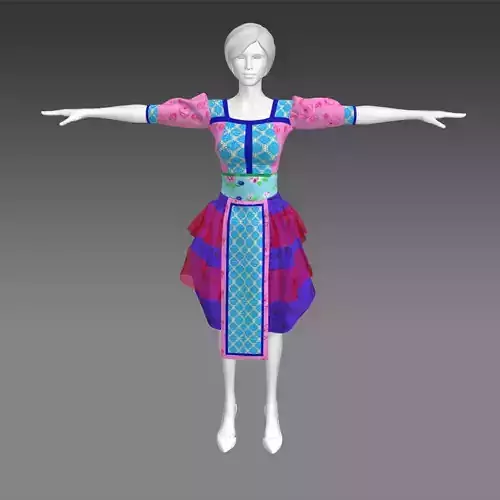Hmong girl outfit dress blue and pink colors 3D model
