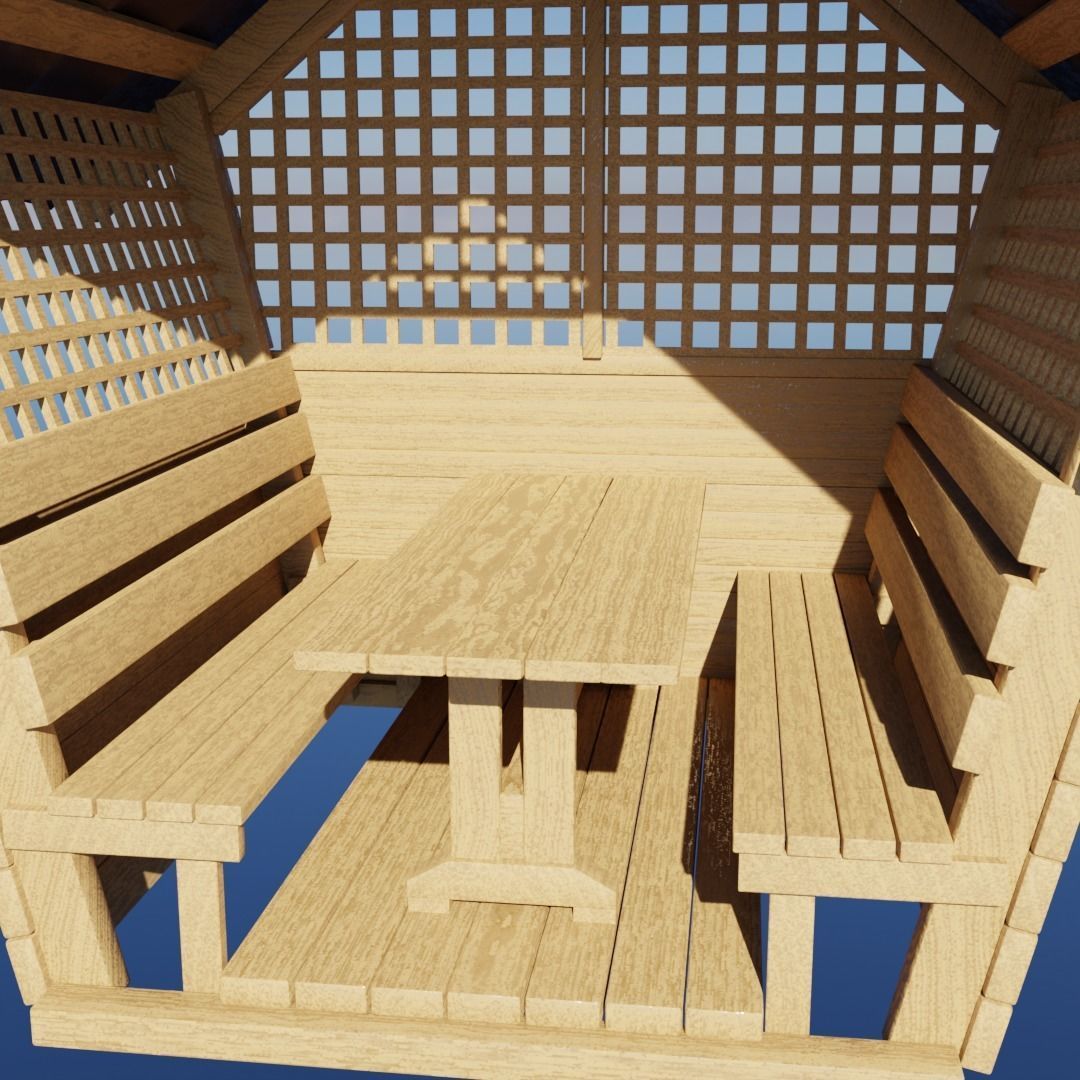 Wooden gazebo for relaxation Low-poly 3D model_5