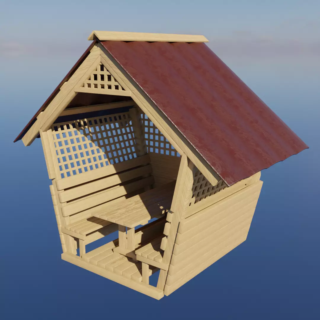 Wooden gazebo for relaxation Low-poly 3D model_0