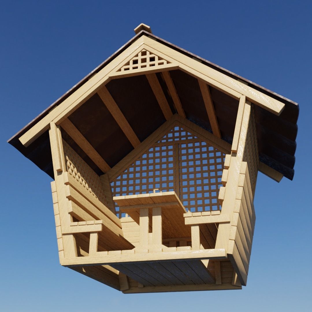 Wooden gazebo for relaxation Low-poly 3D model_6